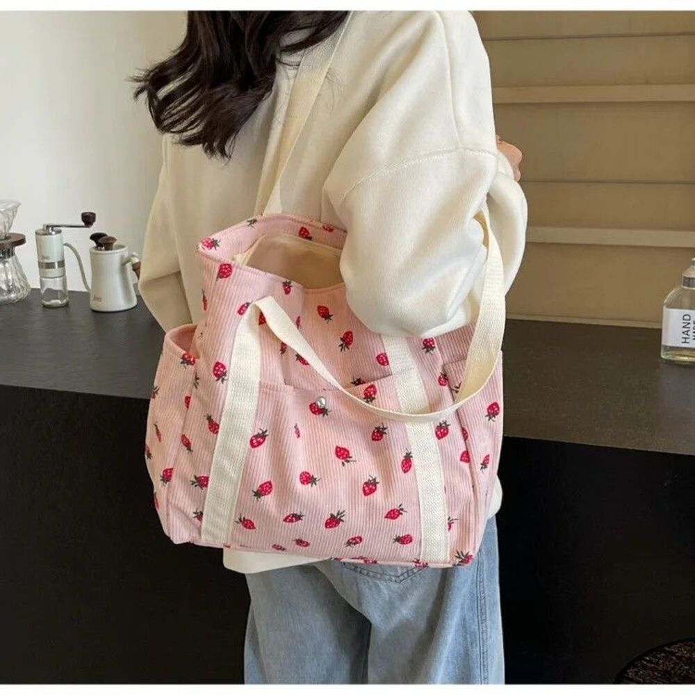 Women’s Corduroy Strawberry Print Tote Bag Large Capacity Shoulder Handbag Pink - Picture 2 of 3